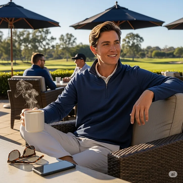 A person wears a comfortable golf quarter zip in a casual setting, like a clubhouse patio, showing its versatility off the course.