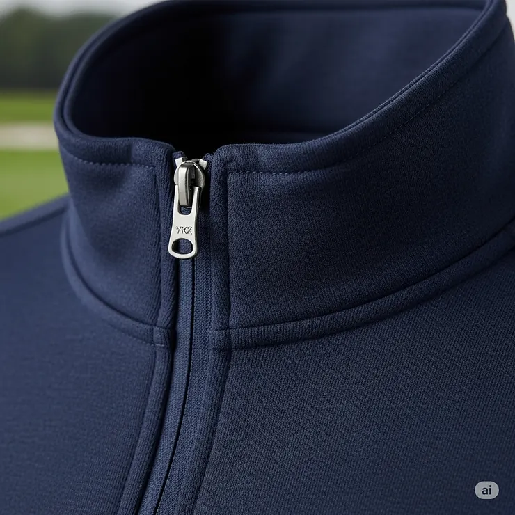 Close-up of a men's golf quarter-zip collar, highlighting the quality zipper and material.