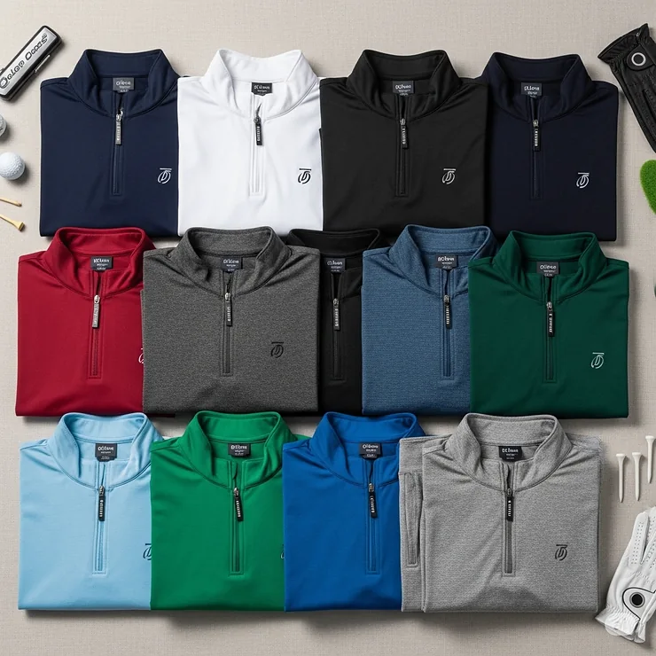A vibrant flat lay showing a variety of golf quarter zips in different popular colors, including navy, black, and white.