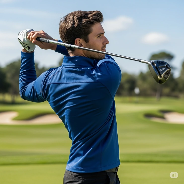 A side-view photo of a golfer wearing a fitted golf quarter zip, showcasing the garment's range of motion and ergonomic design during a swing.