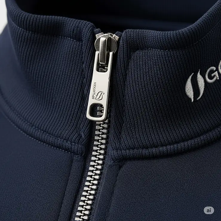 A macro shot focusing on the high-quality zipper detail and stand-up collar of a professional golf quarter zip.