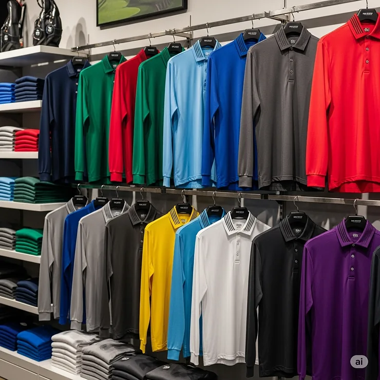 A collection of different solid-colored long sleeve golf shirts for men, displayed to show the variety of available options.