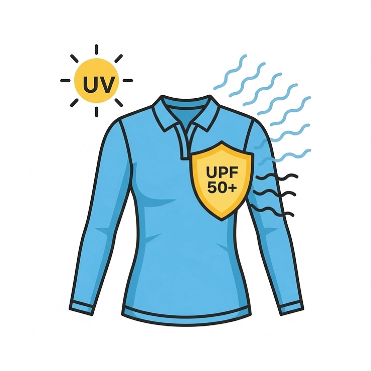 An icon representing the UPF 50+ sun protection feature on a long-sleeve golf shirt for women, shielding the skin from harmful UV rays.