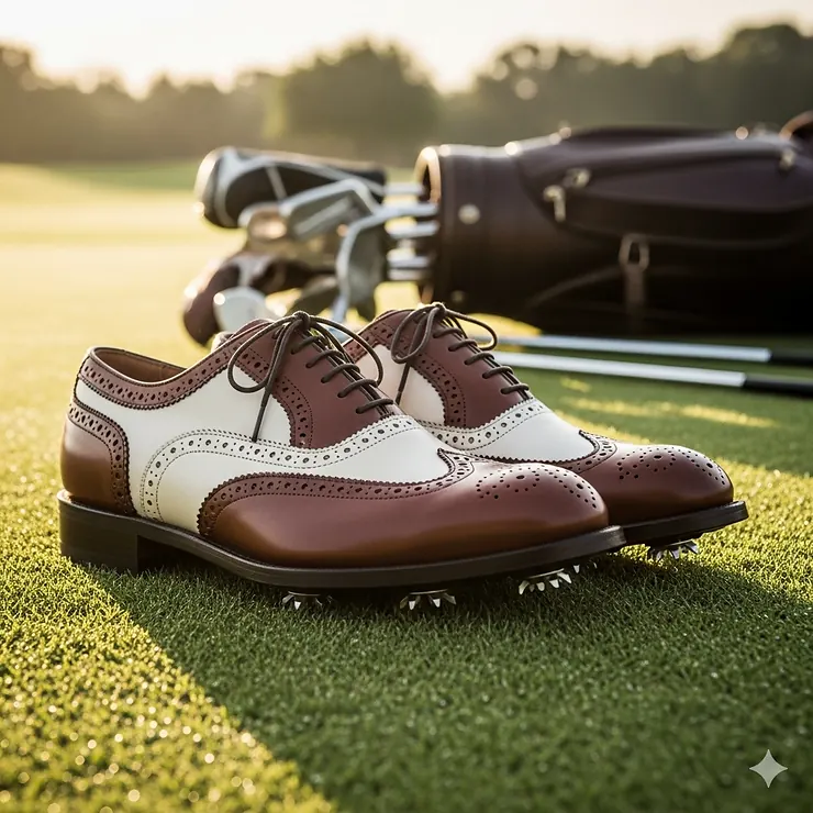 A pair of stylish two-toned wingtip brogues with golf spikes, a classic footwear choice for retro golf outfits.