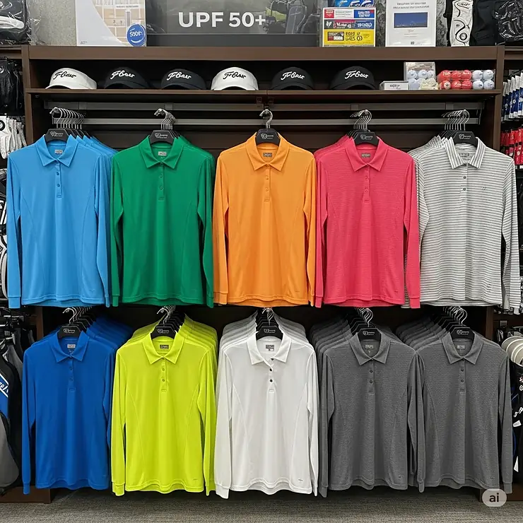 A collection of long sleeve sun protection golf shirts displayed in various colors, offering a wide range of choices for golfers.