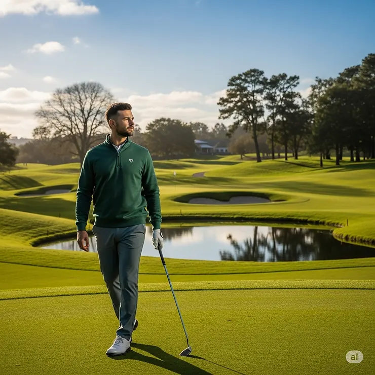A golfer wearing a performance golf sweatshirt standing on a scenic golf course, showing how the apparel looks in its natural environment.