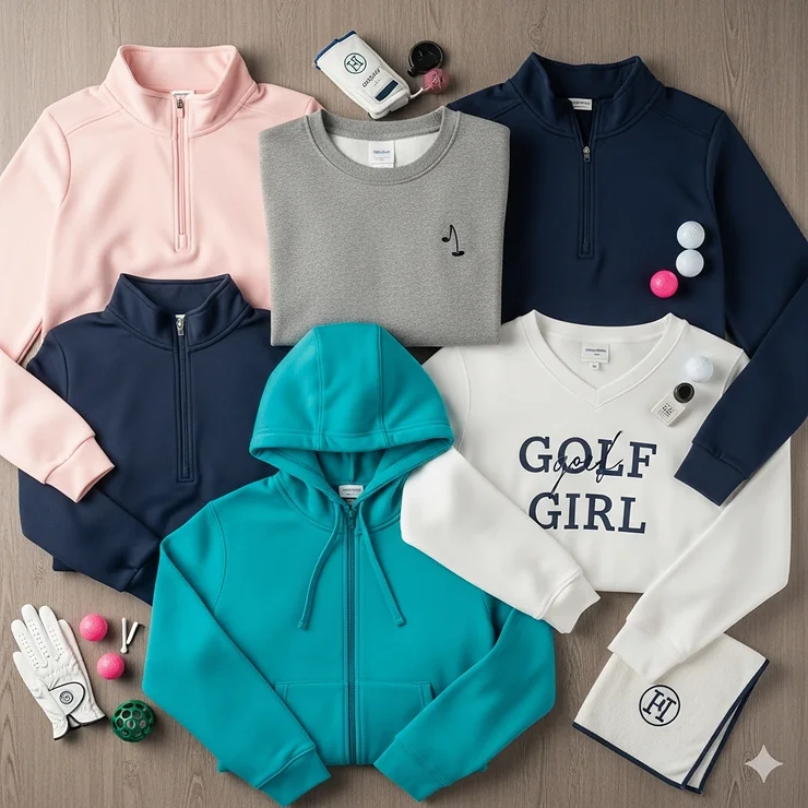 A flat lay image of various women's golf sweatshirts, showcasing different styles and colors.