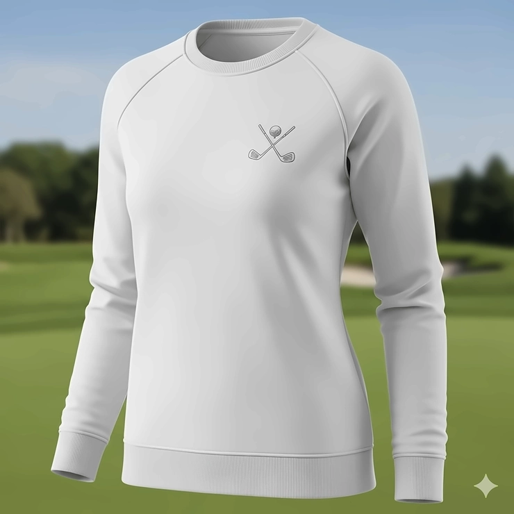 A white golf sweatshirt for women with a subtle embroidered logo on the chest.