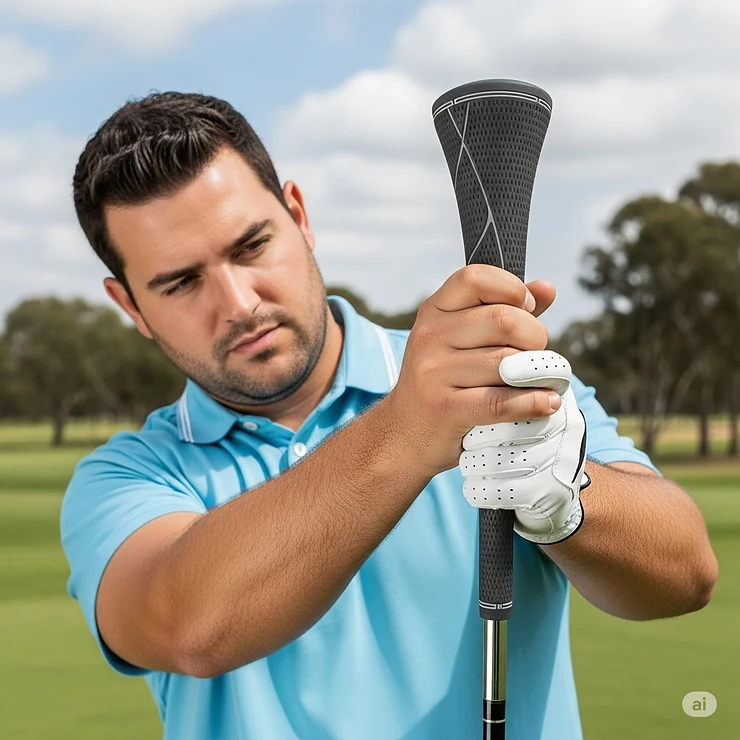 A golfer with large hands gripping a golf club fitted with an oversize jumbo grip, demonstrating how it fills the hands to reduce wrist action.