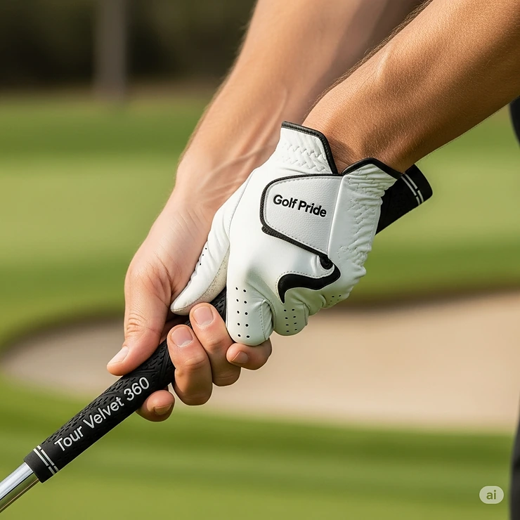 A golfer's hands gripping a club with the Golf Pride Tour Velvet 360 grip, demonstrating a comfortable and secure hold that inspires confidence on the course.