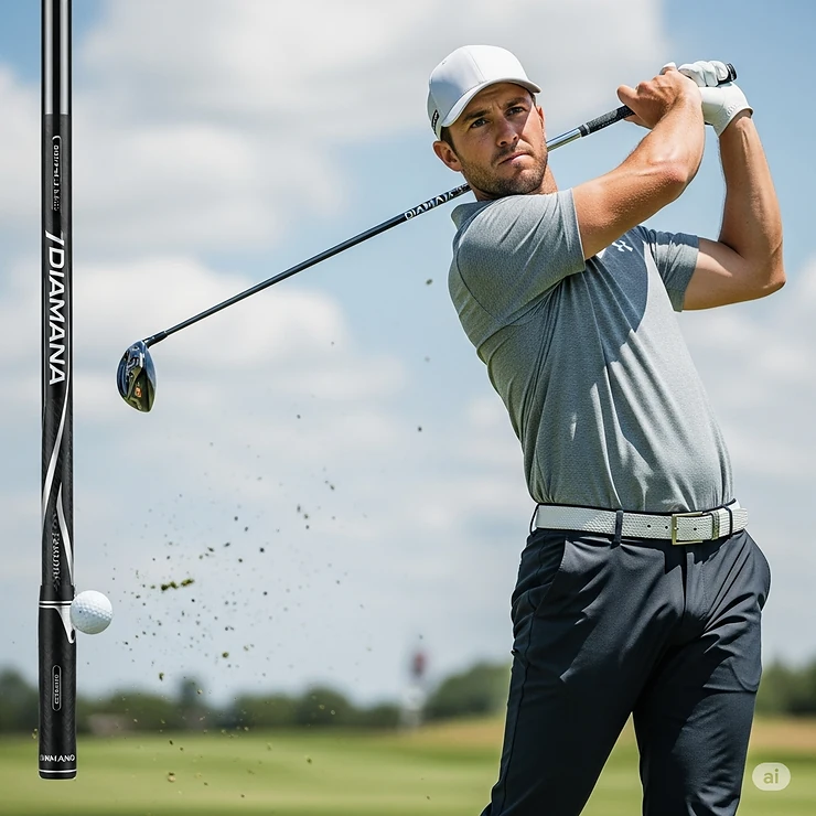 A high-speed photo of a golfer making contact with a ball, showcasing the minimal torque and stability of the Diamana golf shaft during impact.