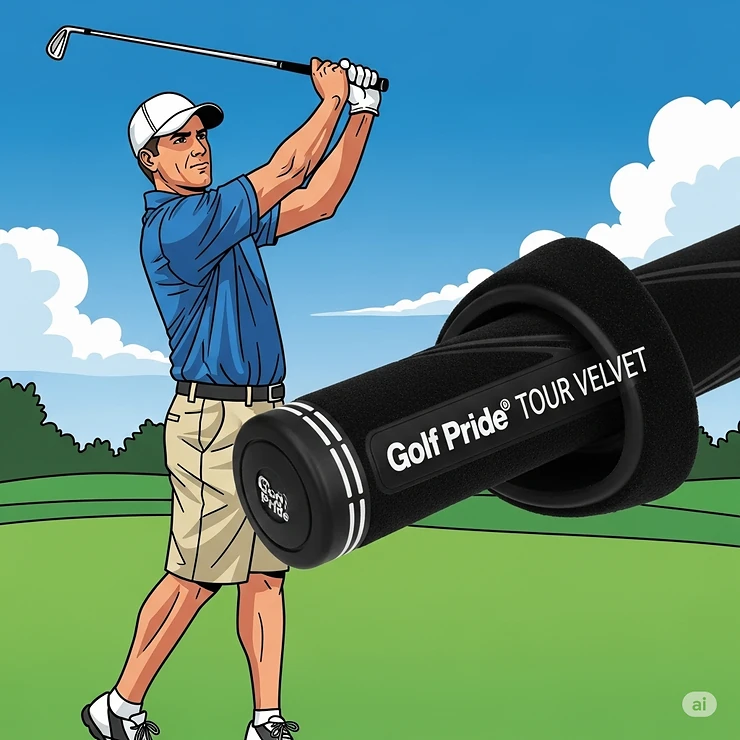 An illustration of a golfer in mid-swing, showing a firm and controlled hold on the club, made possible by the dependable traction of the Golf Pride Tour Velvet grip.