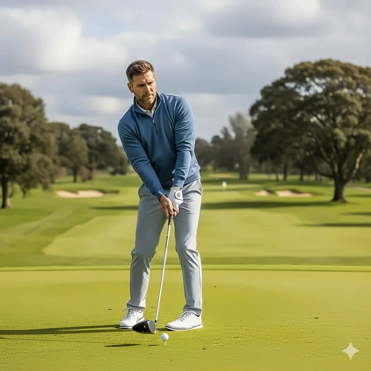A golfer wearing a lightweight men's golf sweatshirt on a mild day on the golf course, for comfort and breathability.