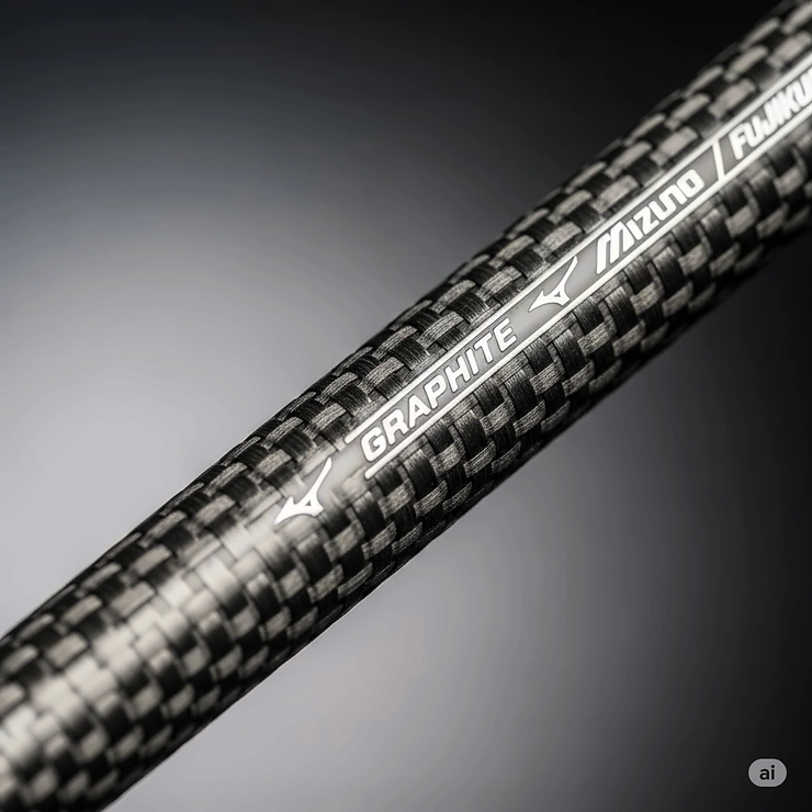 A close-up of a graphite golf shaft for an iron, showing the intricate weave pattern and lightweight construction.