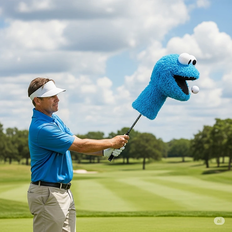 A golfer swinging their driver, which is topped with a hilarious and oversized headcover that resembles a famous fictional monster.