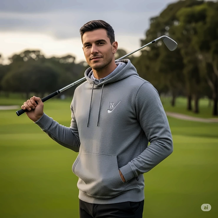 An athletic model wearing a hooded golf sweatshirt with a kangaroo pocket, ideal for casual play or practice.