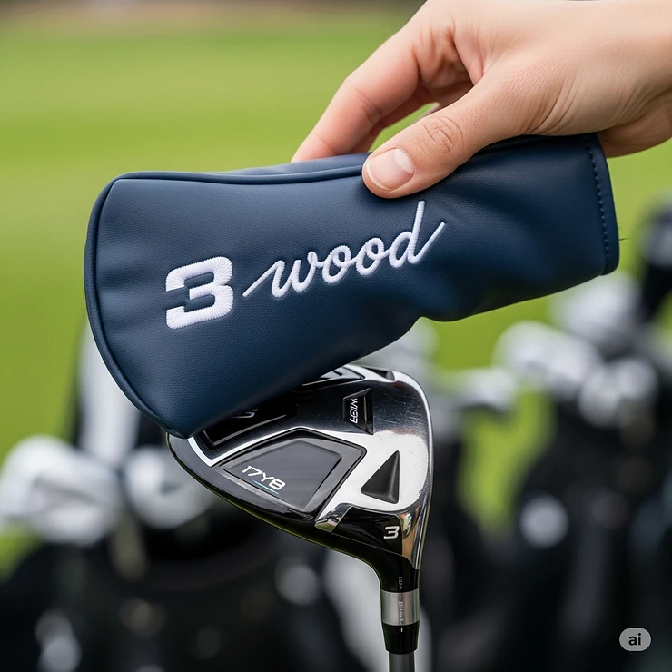 A golfer sliding a protective cover over their 3 wood club head, demonstrating how to properly use the accessory.