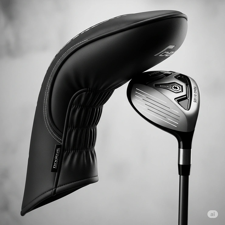 A professional product photograph of a sleek, black, form-fitting hybrid golf club headcover. It fits snugly over the head of a modern hybrid golf club, showcasing the contours of the club head.