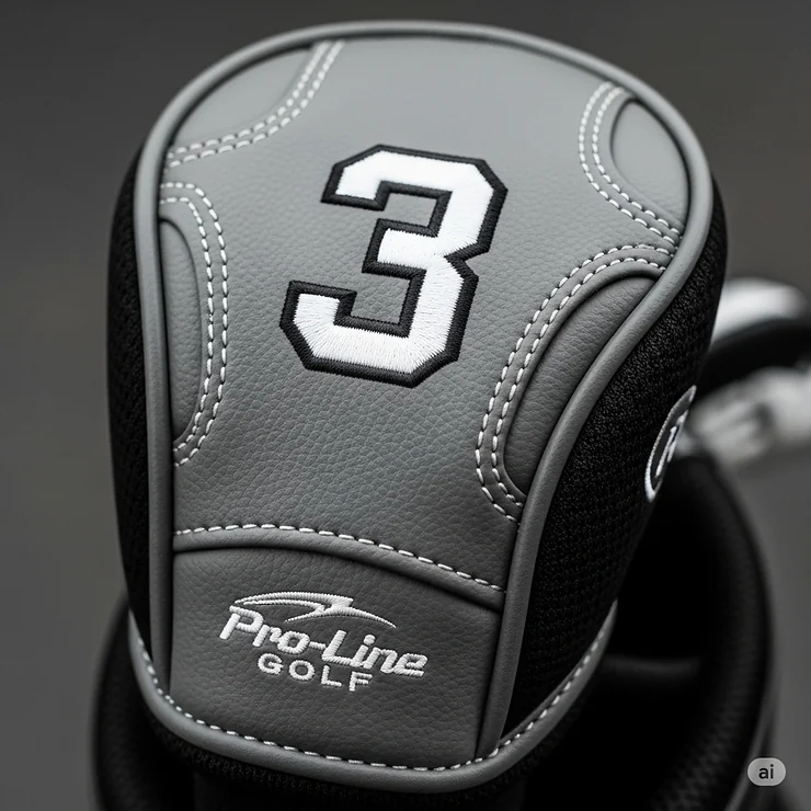 A close-up shot of a meticulously crafted, high-quality hybrid golf club head cover. It features a prominent, embroidered white number "3" on a dark grey synthetic leather body, making it easy to identify the club.