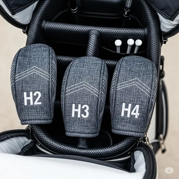 A view looking down into a well-organized golf bag, showing a set of three coordinating hybrid golf head covers neatly arranged. They are made of a dark, woven fabric with white embroidered numbers "H2," "H3," and "H4."