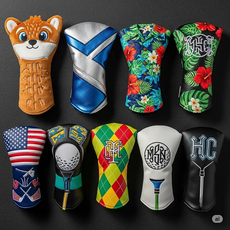 A diverse collection of hybrid golf club head covers, each unique in design, color, and pattern. The covers are displayed on a dark surface and feature creative themes like a cartoon animal, geometric shapes, and floral prints.