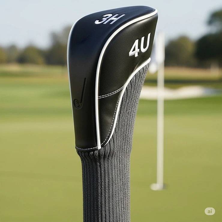 A stylish, form-fitting leather headcover designed specifically for a hybrid or utility golf club.