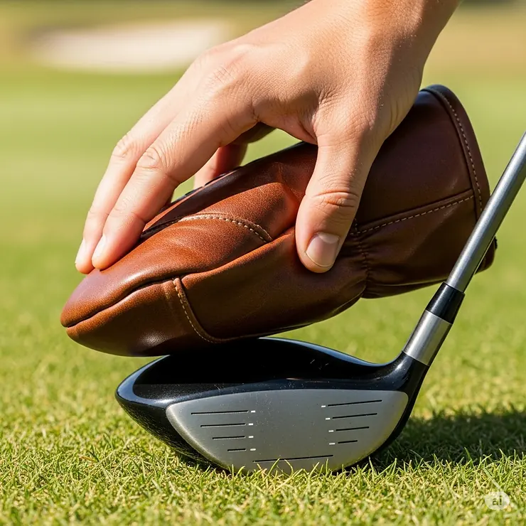 A simple, step-by-step image showing how to easily install a new leather golf driver headcover onto a standard golf driver.