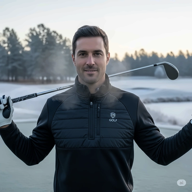 An insulated golf quarter zip, shown against a cold backdrop, perfect for keeping warm during a chilly round.