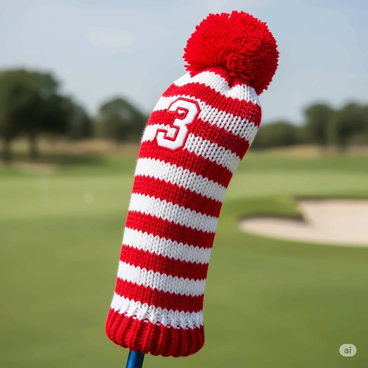 A vibrant, knitted fairway wood headcover in red and white stripes, showcasing its stretchy and protective material.