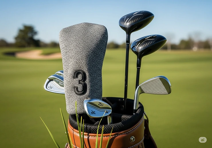 A sleek knit hybrid head cover positioned with other clubs in a golf bag, showcasing a clean, organized look.
