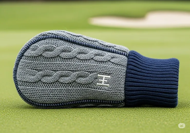 A close-up side view of a modern knit hybrid golf head cover, showing its texture and high-quality stitching.