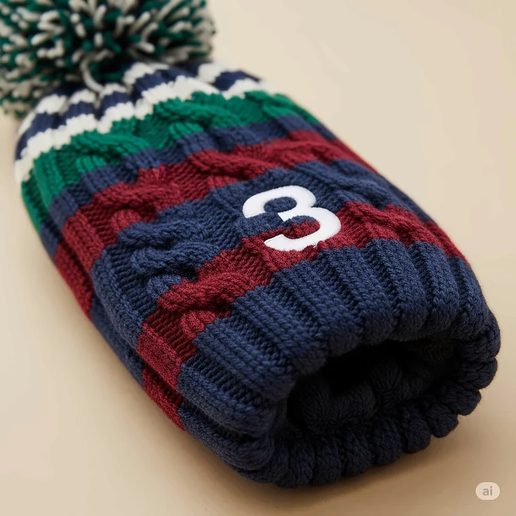 A detailed, close-up shot of a cozy, knitted hybrid golf club head cover with a classic, retro design. It features a prominent number "3," a chunky cable-knit style, and a vibrant color scheme of navy blue, green, and burgundy stripes.