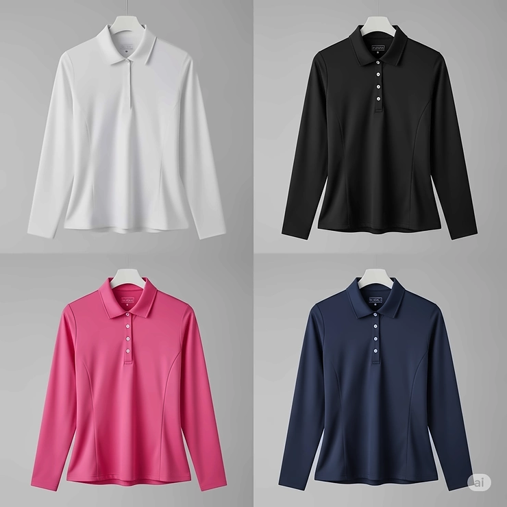 Various color options for ladies long-sleeve golf shirts, including white, black, pink, and navy blue.