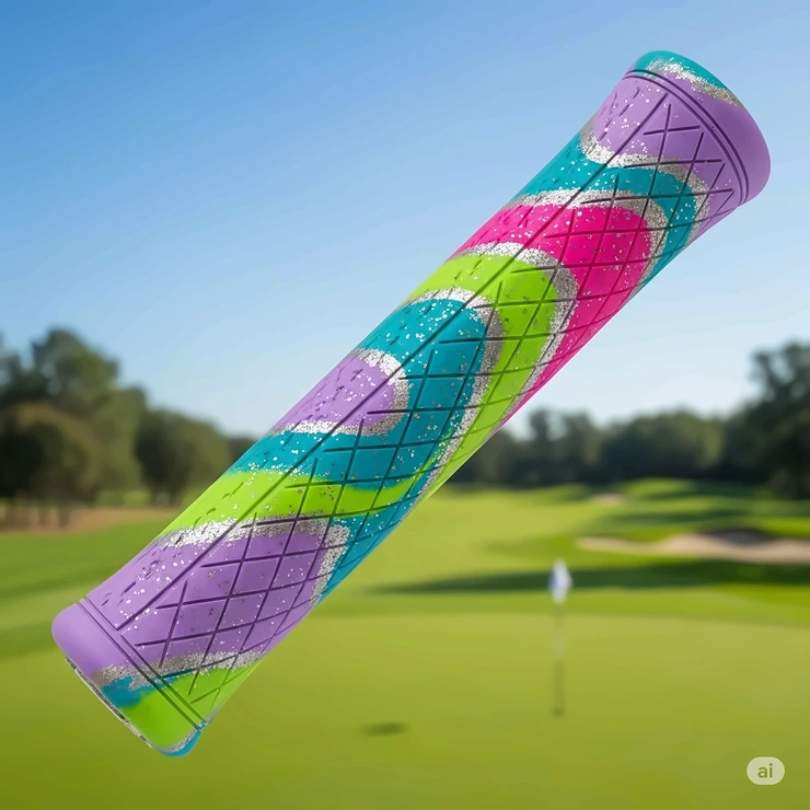 A colorful oversize jumbo golf grip specifically designed for lady golfers, showing a slightly smaller but still thicker profile for improved comfort.