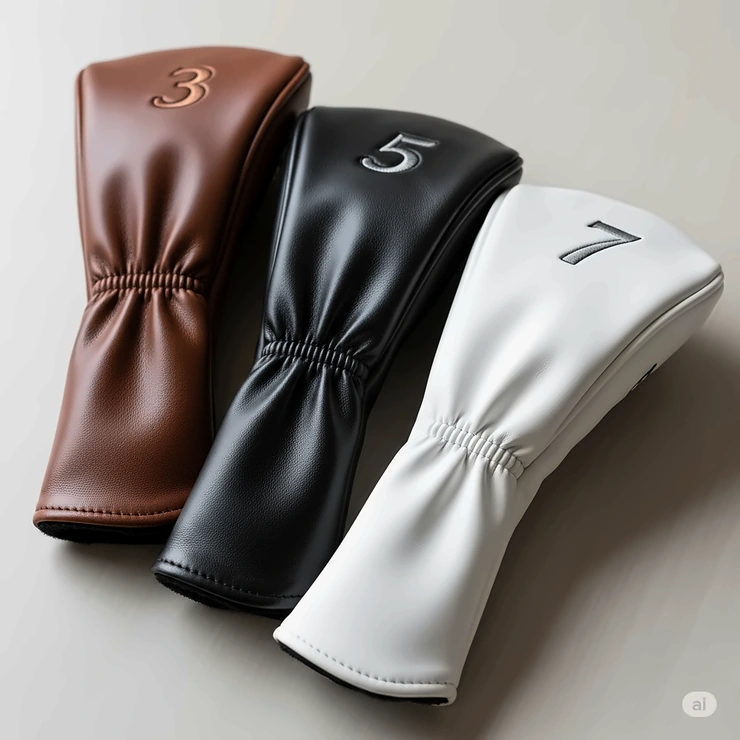 A collection of high-quality, leather fairway wood headcovers in various colors, including brown, black, and white, highlighting their classic style and durability.