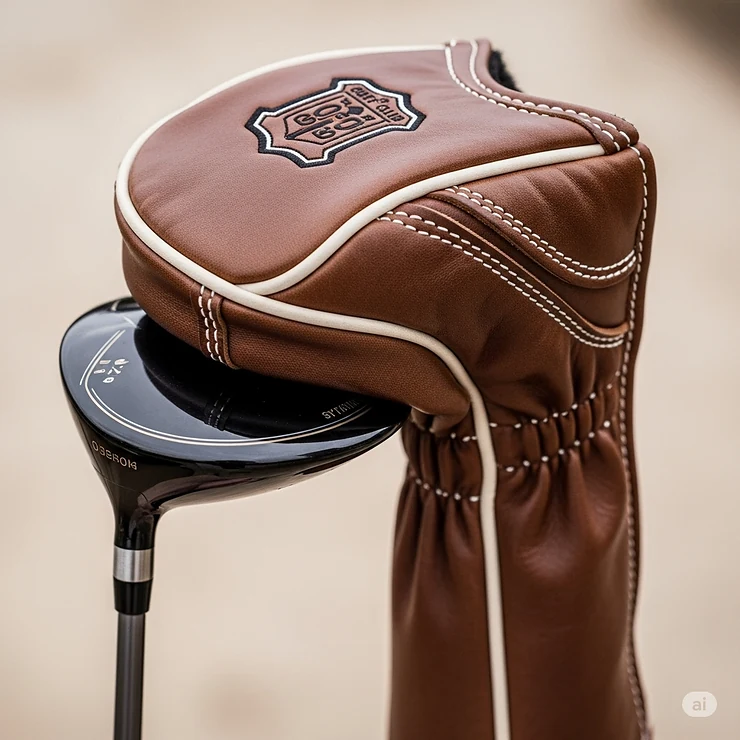 A high-quality, handcrafted leather golf driver headcover protecting a golf club, showcasing its durable stitching and elegant design.