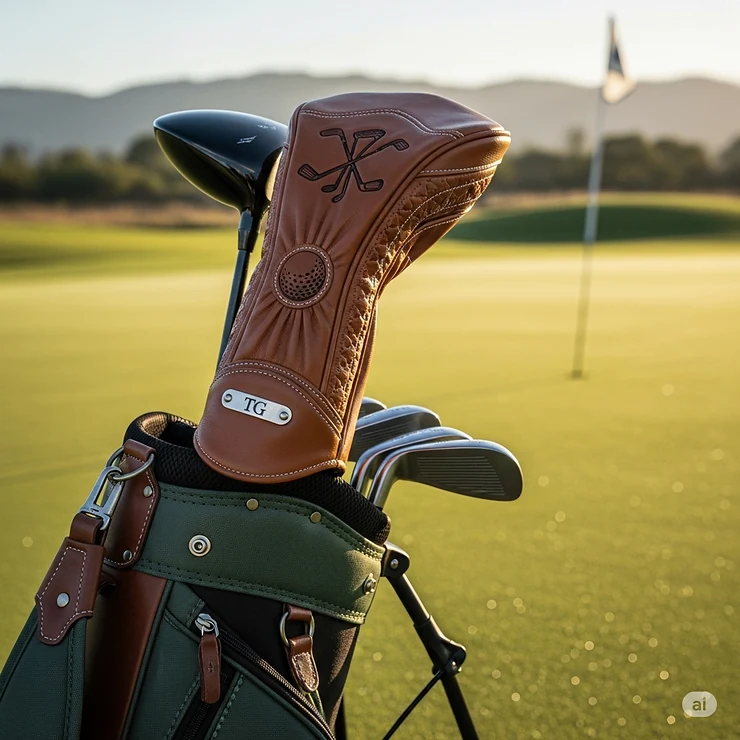 A real-world photo of a stylish leather golf driver headcover in use, attached to a golf driver in a golf bag on the green.