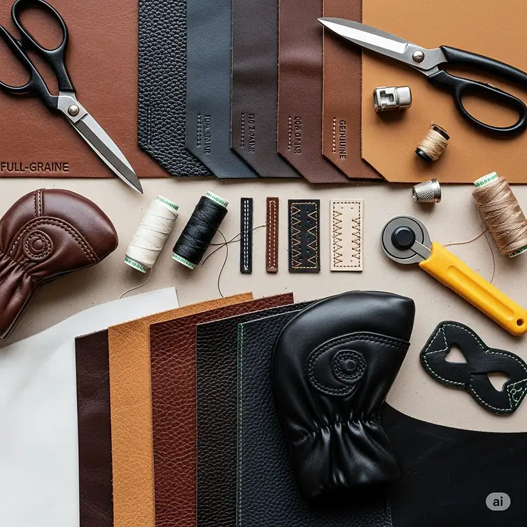 A flat lay showing different types of leather material, such as full-grain and genuine leather, along with stitching samples used for golf headcovers.