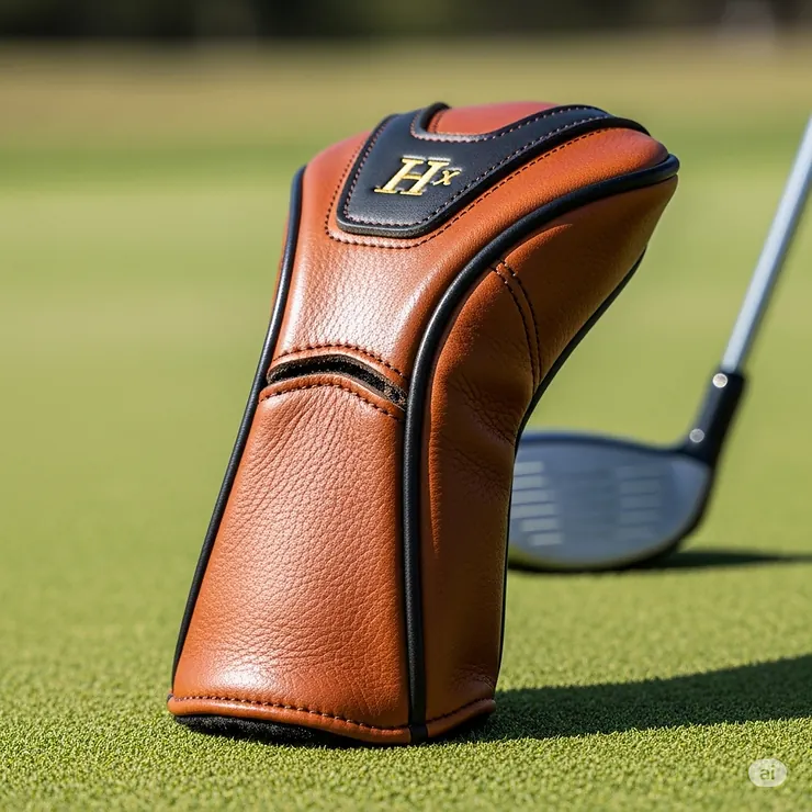 A close-up shot of a luxurious, handcrafted leather hybrid golf head cover. It is made from high-quality, full-grain brown leather with contrasting dark stitching and an elegant gold-colored embroidered "H" on a patch.
