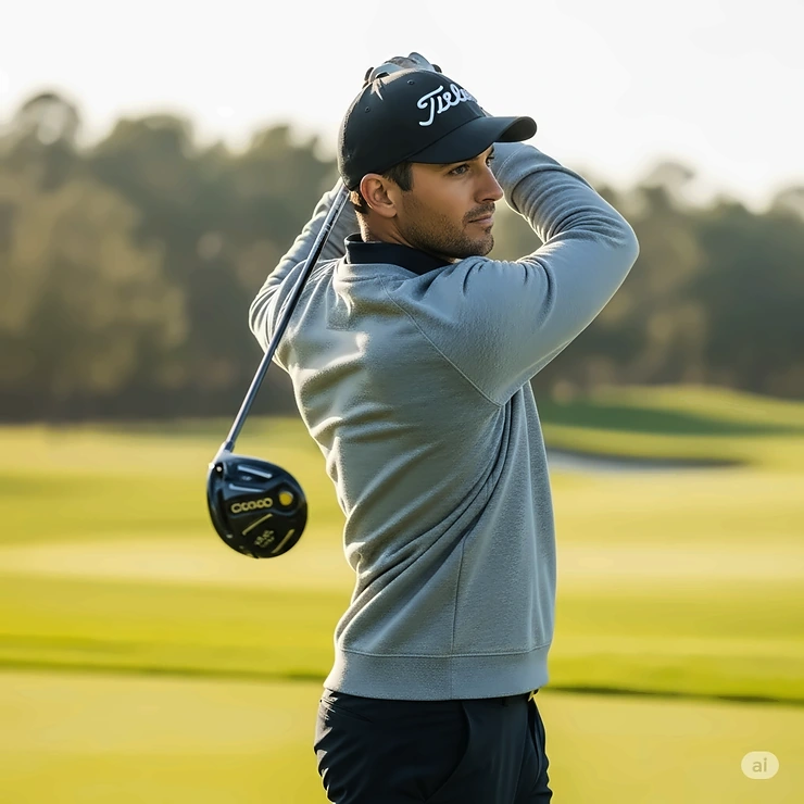 A lightweight, breathable crewneck golf sweatshirt, showing the comfortable fit and range of motion it allows.
