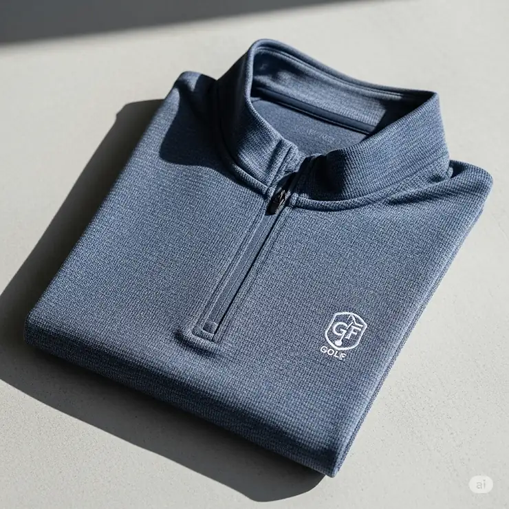 A lightweight, moisture-wicking golf pullover for men, folded to show its compact and breathable design.