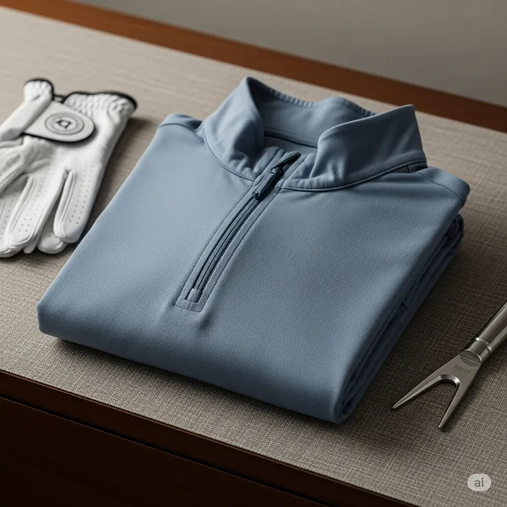 A folded lightweight golf quarter zip, demonstrating its packable nature and ideal use for layering.