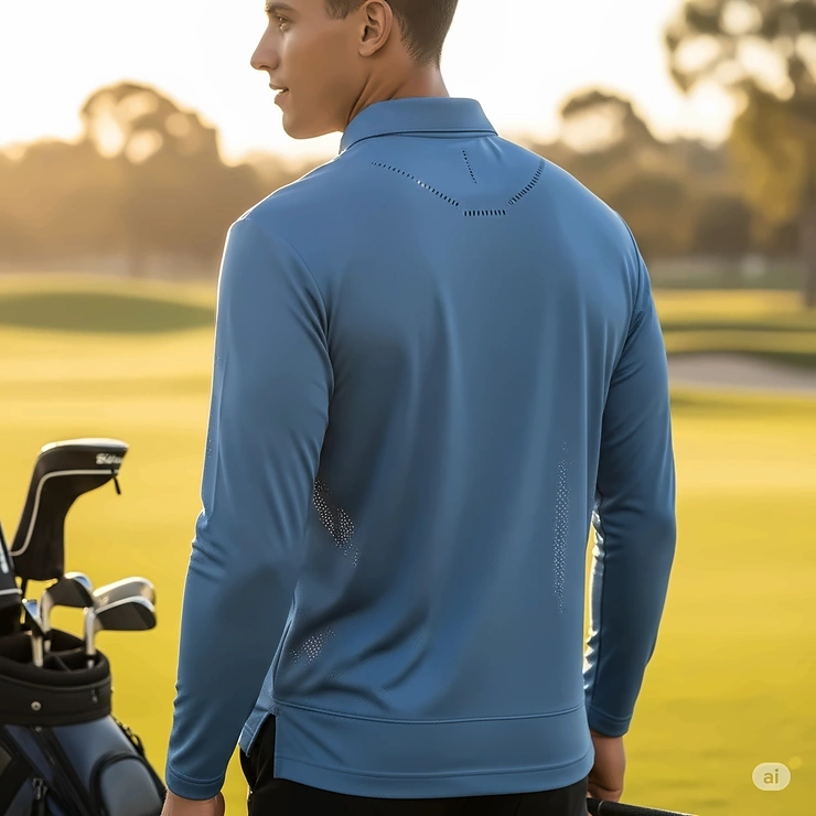 The back view of a long sleeve golf polo shirt, highlighting the fit and breathable material.
