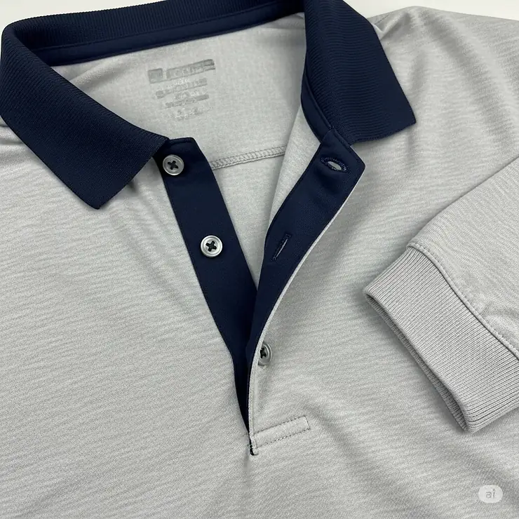 A close-up view of the collar and three-button placket on a men's long sleeve golf polo shirt.