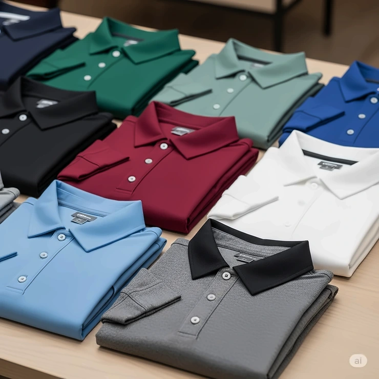 A collection of different colored long sleeve golf polo shirts folded neatly.