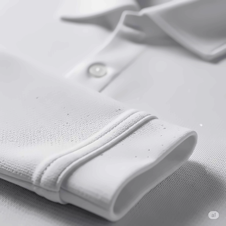 Close-up of moisture-wicking fabric on a white long sleeve golf polo shirt.