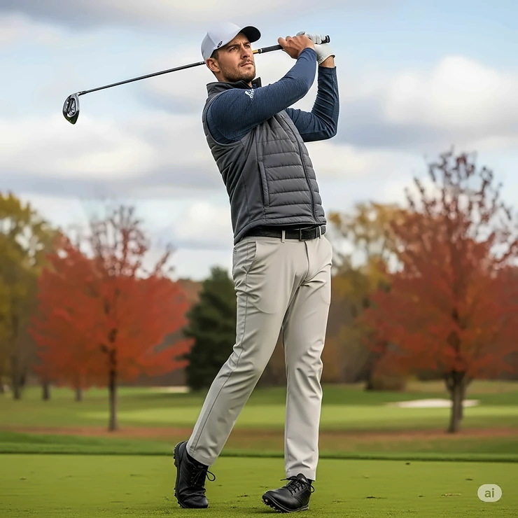 A golfer wearing a long sleeve golf polo shirt with a vest, suitable for fall and winter weather.