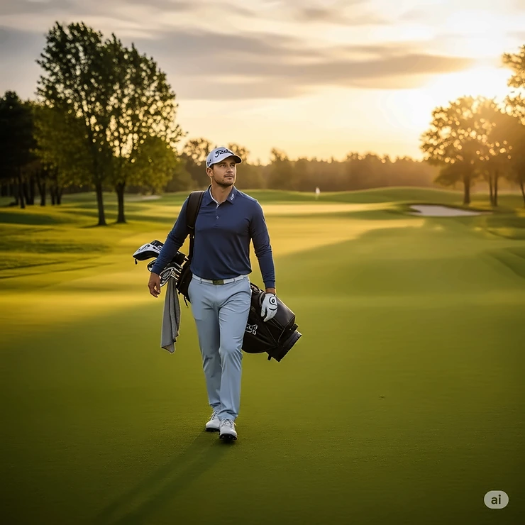 A golfer walking on the green, wearing a comfortable long sleeve golf polo shirt, enjoying the outdoors.