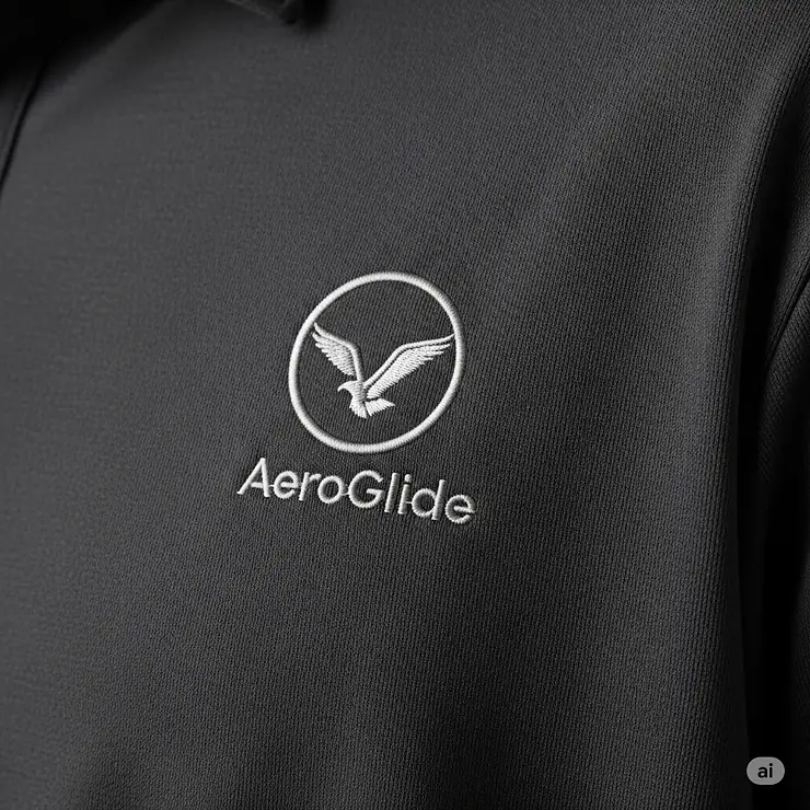 Detail shot of a brand logo on the chest of a premium long sleeve golf shirt.