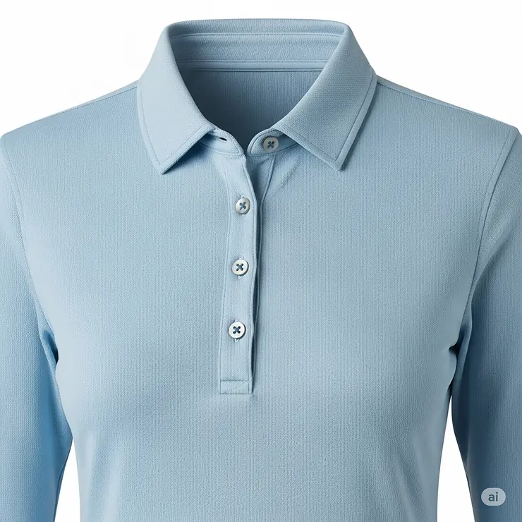 Detailed view of the classic collar and button placket on a high-quality ladies long-sleeve golf shirt.